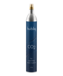  A 450g CO2 cylinder for water bottles, designed for carbonating drinks. The cylinder is made of aluminum and has a brass valve.
