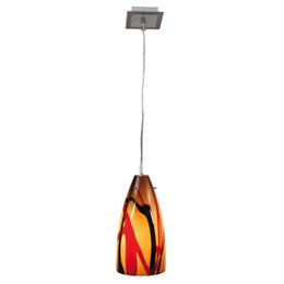 Glass pendant with a vibrant, swirling pattern in shades of orange, red, and yellow. Sleek, modern design with a metal fixture.