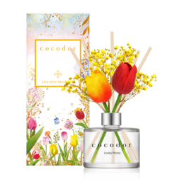 Cocodor Tulip Diffuser, a reed diffuser with a floral and fresh scent. The diffuser comes in 200ml and 120ml sizes, with fragrance options of White Musk, April Breeze, and Lovely Peony.