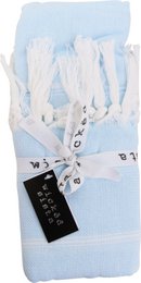  Sky blue striped hand towel with fringed edges.