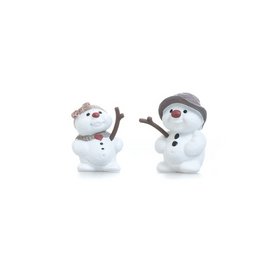  Two white snowmen figurines with carrot noses, black hats, and scarves. The snowmen are standing and appear to be waving.