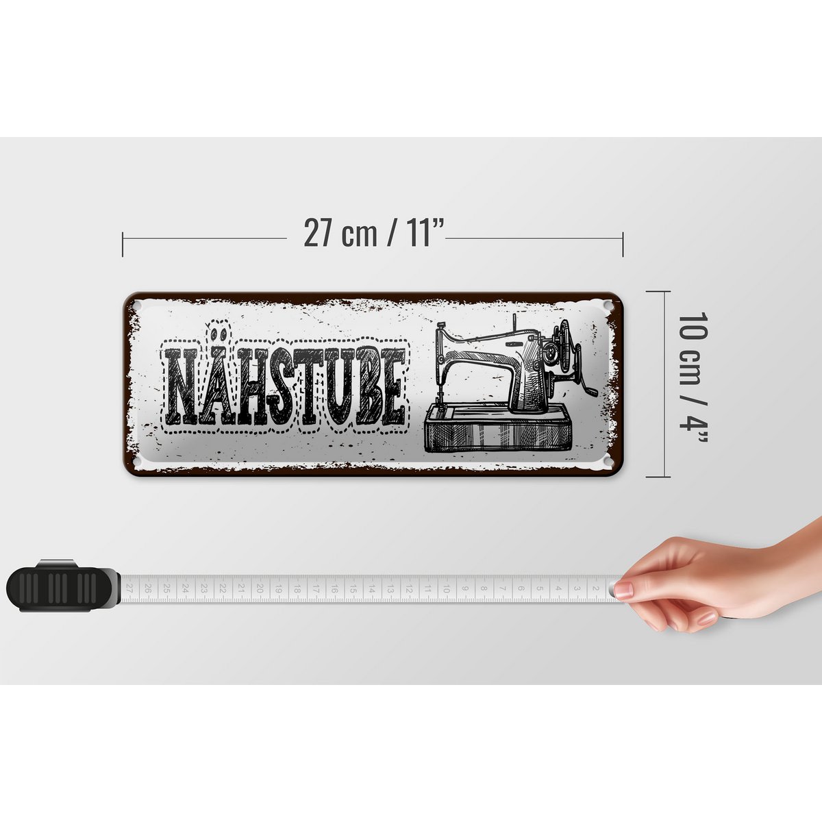 Blechschild Hinweis 27x10 cm Retro Nähstube Nähmaschine Deko Schild