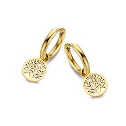 Gold-tone stainless steel hoop earrings with tree of life charm. Circular hoops with a dangling tree of life charm. Suitable for casual or formal wear.