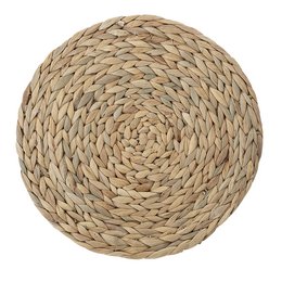 Round woven placemat made of natural water hyacinth material, suitable for casual dining or home decor.