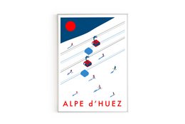 Vibrant wall art featuring the iconic Alpe d'Huez mountain in France, with abstract shapes and colors representing the challenging terrain and cycling event.