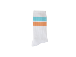 White socks with blue and orange stripes