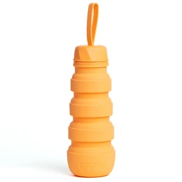  A tall, round, orange drinking bottle with a loop handle. The bottle is made of a durable, lightweight material and has a screw-top lid.
