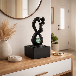 Indoor Fountain - Amor Black - Modern with Colorful LED Light - Removable Lovers Sculpture - Contemporary Interior Decoration - Rotating Ball