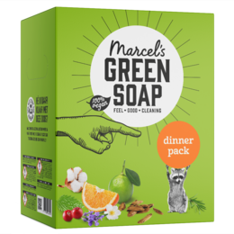 A variety pack of Marcel's Green Soap all-purpose cleaners, including citrus, lavender, and other natural scents. The pack contains multiple bottles and cleaning products for household use.