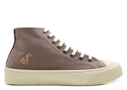 High-top vegan sneaker in mulberry color with lace-up closure and textured upper.
