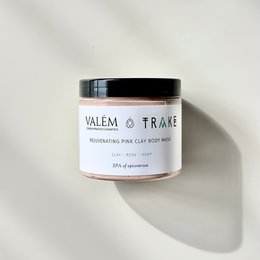  "Pink clay body mask with rose and calendula for rejuvenating, detoxifying, and smoothing skin. Vegan formula in 200g jar."
