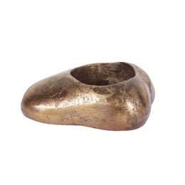  A set of 6 bronze-colored pebble-shaped candle holders. The holders have a smooth, rounded shape and a shallow depression to hold a tea light candle.