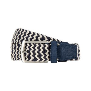 K4004JB | Braided Elastic/Leather Belt. Blue/Ecru colour. Satin Nickel Buckle. Dimensions: 120x3.5x0.5 cm (waistline 105 cm). Packaging: rigid bottom/lid Gift Box