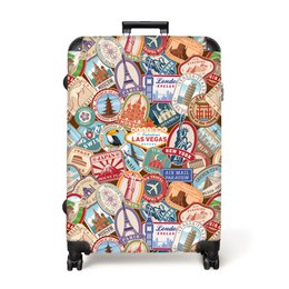  Lightweight, durable suitcase with a vintage-inspired travel pattern featuring illustrations of iconic landmarks, transportation, and travel-related symbols. Available in 3 sizes: 62x83 cm, 53x72 cm, 45x61 cm.