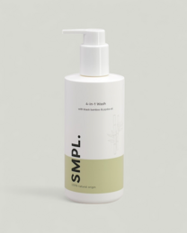 Hair, face, and body wash in a white bottle with a pump dispenser. Suitable for cleansing the hair, face, and body.