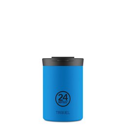  White travel tumbler with black lid, 350ml capacity, made of durable materials.