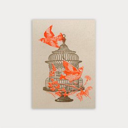  Vintage-style postcard with an ornate birdcage and vibrant orange butterflies.