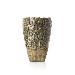  Large grey stone vase with textured bark-like surface.