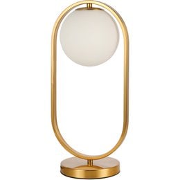 Elegant white and gold table lamp with a round glass shade and a curved metal frame.