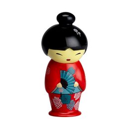 Decorative Japanese-style tea strainer with a red and blue patterned kimono design and a black hair bun.