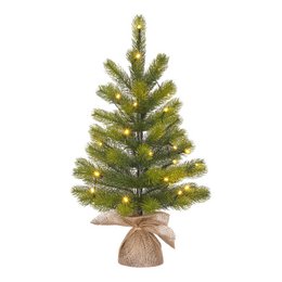  Tall, green artificial Christmas tree with plastic branches and a burlap base.