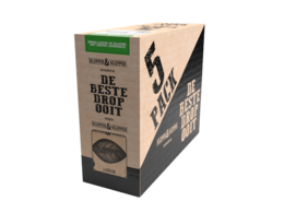  Five-pack of premium licorice candies in a cardboard box. Dark brown licorice pieces with a rich, chewy texture.