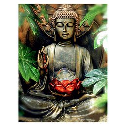  Buddha statue with red lotus flower, green foliage, spiritual meditation canvas art, diamond painting kit