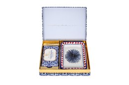  Elegant gift box containing two decorative soap bars in a blue and white floral pattern design. Includes a round bar with a pom-pom design and a rectangular bar with a floral motif.