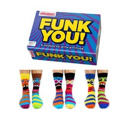 Funky, colorful men's socks in a gift box with various patterns and designs including stripes, polka dots, and abstract shapes.