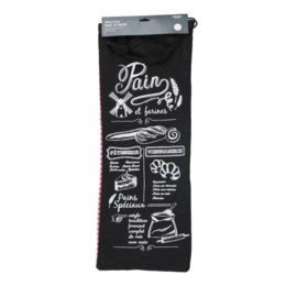  Black and white cotton bread bag with French bakery text illustrations and red checkered pattern reverse side.