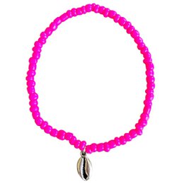 Colorful beaded anklet with a shell charm, available in turquoise, white, and hot pink. Stylish and versatile accessory for any outfit.