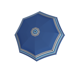 A navy blue and white umbrella with a circular design in the center.