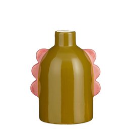  Decorative ceramic vase with a scalloped pink rim and a golden yellow body.