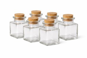 Set aus 6 quadratischen Glasflaschen 80 ml – Ø 4,5 x 9 cm – mit Korkverschluss – wiederverwendbar – für Kräuter, Öl, DIY-Geschenke