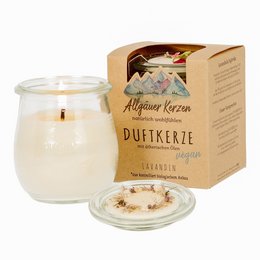 Lavandin scented candle in a glass jar with a decorative lid. The candle has a light beige wax color and the packaging includes a brown paper label with the product name "Duftkerze" (German for "scented candle"). The image shows two candle jars on a woven mat.

The key details that can be extracted from the image and product information are:

- Colors: Light beige wax, glass jar with decorative lid
- Materials: Glass jar, wax
- Style: Decorative, rustic
- Shape: Round, tall candle jars
- Scent: Lavandin (a type of lavender)

This description provides enough information to enable semantic search for products related to "lavandin scented candle" or similar queries.