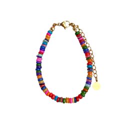 Colorful shell bracelet with beaded accents. The bracelet features a mix of vibrant colors and materials, creating a unique and eye-catching accessory.