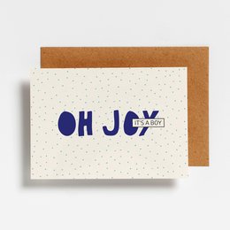 Cream-colored postcard with navy blue text "OH JOY, IT'S A BOY" and a simple dot pattern design.