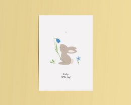 Cute baby card with a rabbit illustration and the text "Hello Baby Boy". Available in English and Dutch versions, with or without envelope.