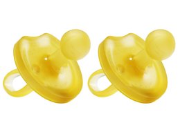 Two yellow butterfly-shaped pacifiers made of natural rubber. Suitable for infants and toddlers.