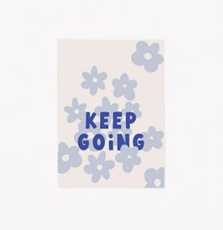 Postcard with the text "KEEP GOING" surrounded by blue floral designs. The postcard is part of a collection of over 60 postcards with motivational messages.
