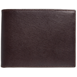Saffiano leather billfold wallet in a classic brown color, featuring 8 credit card slots for convenient storage.