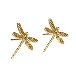 Delicate gold-toned dragonfly stud earrings with a textured, hammered finish. The earrings feature a simple, elegant design that would complement a variety of outfits.