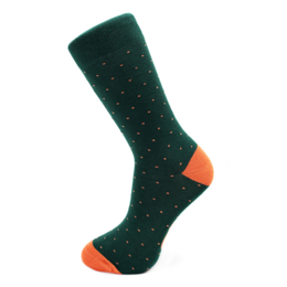 Pine green bamboo socks with orange polka dots, available in EU sizes 36-46 and UK sizes 4-12.