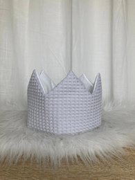 Gray waffle textured birthday crown with three pointed peaks, soft plush base, celebration party hat.
