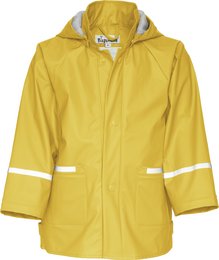 A yellow rain jacket for kids, featuring a hooded design and reflective strips for visibility. The jacket is available in sizes 74, 116, 140, 80, 128, 92, 104, 86, and 98.