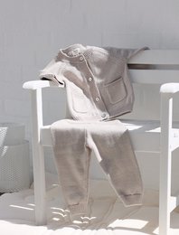 Soft, cozy gray and beige teddy sweater set for babies, featuring a button-up design and ribbed detailing.