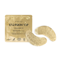 Gold eye mask with crescent moon shape, designed for skin rejuvenation and brightening.