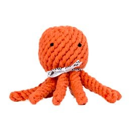 Orange crocheted octopus dog toy, 13x7x7 cm in size, made of soft rope material for pet play and chewing.