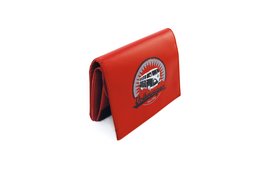 Vintage-style red wallet with Volkswagen VW T1 Bus logo, made of durable material, compact and portable design, perfect for carrying cards and cash.
