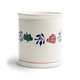 Cream ceramic storage jar with blue and red floral Boerenbont pattern, cylindrical shape, traditional Dutch design.